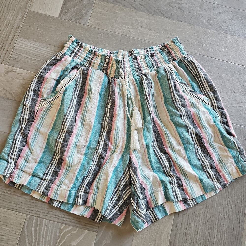 Briggs Linen Blend Multi Stripe Pull On High Rise Womens Shorts W Pockets‎ large